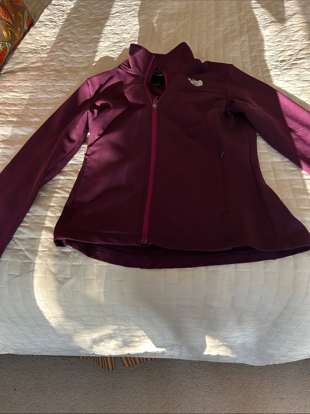 North Face lightweight, burgundy, fleece jacket,